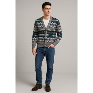 Vintage Expressions Cardigan Mens L Gray Fair Isle Slouchy Eclectic Grandpa Y2K